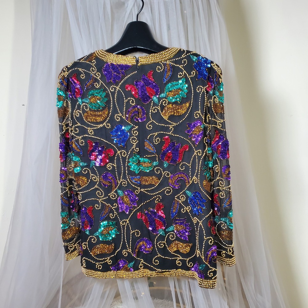 Oleg Cassini Black Tie Vintage Silk Embellished Blouse 90s Glam Statement Size L - Picture 3 of 4